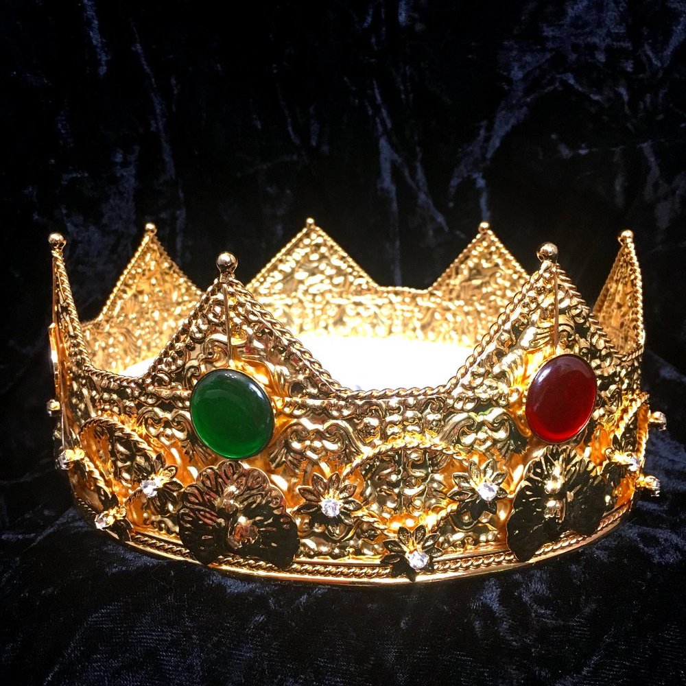 King Queen Gold Crown Rhinestones Faux Jewels on Gold Metal Band NWOT